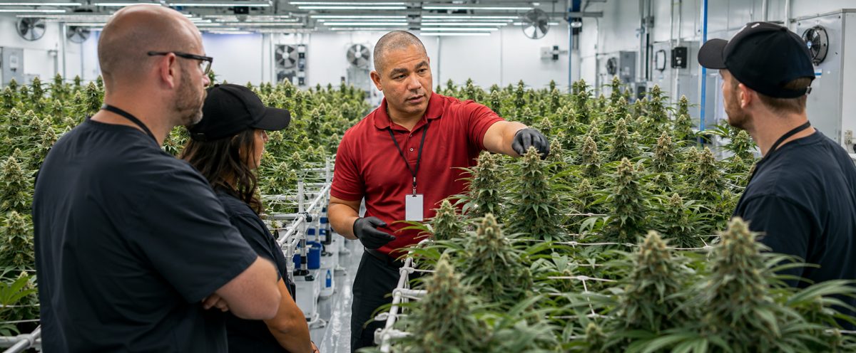Devin Lockett with partners inspecting cannabis cultivation in the grow facility